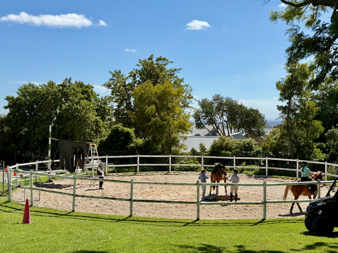 Training session in arena with horses and riders showing facility activities