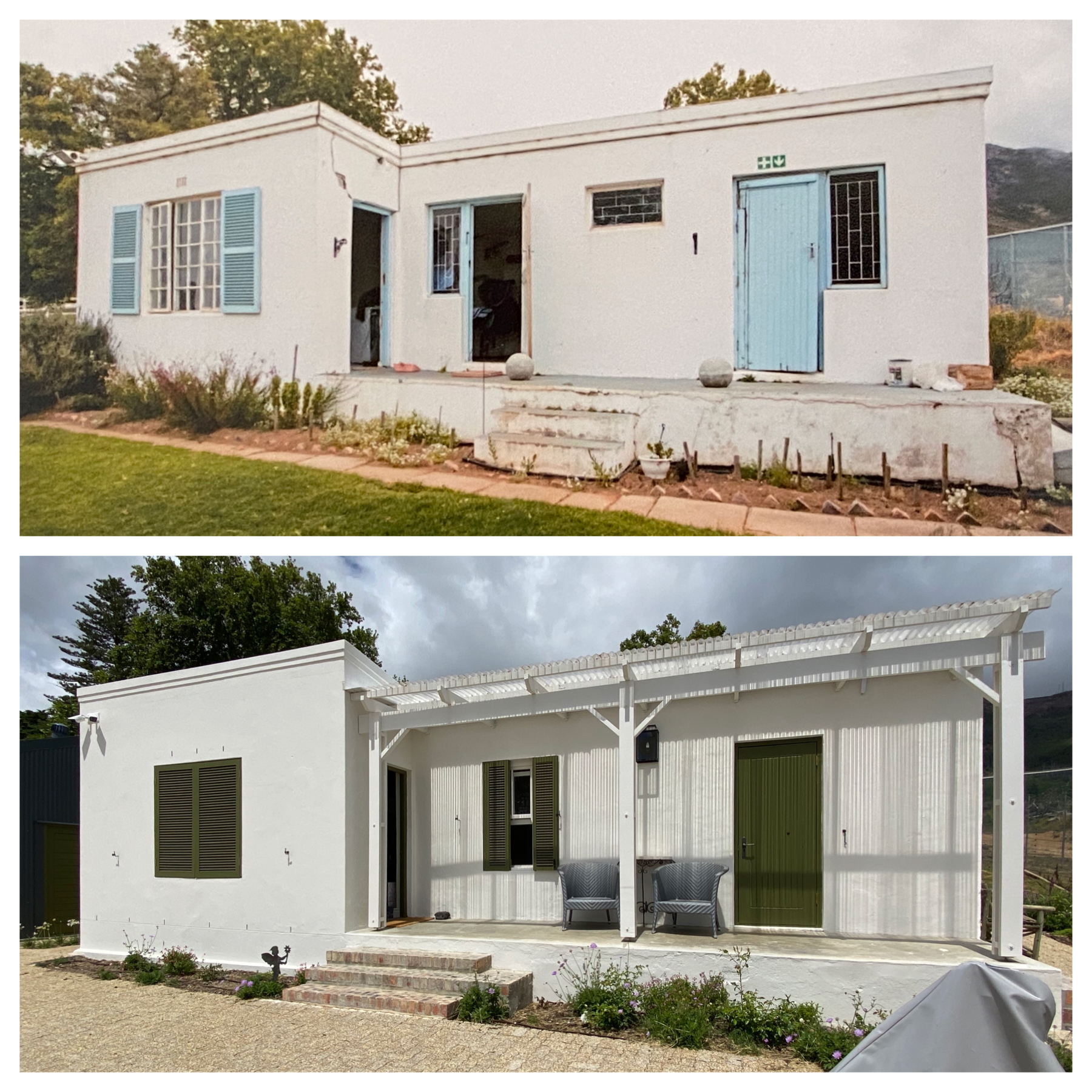 Cottage renovation before and after showing transformation from basic structure to modern facility with pergola