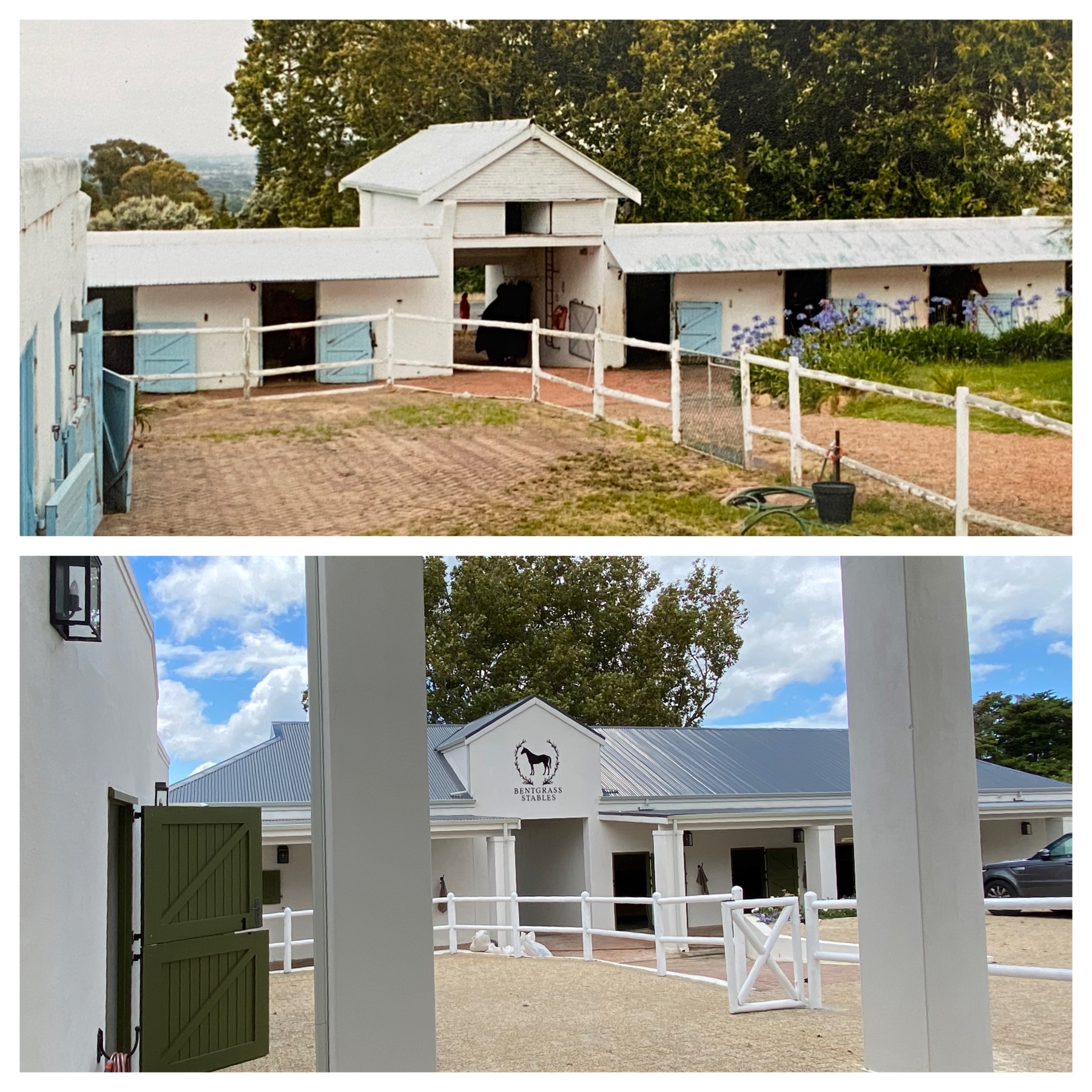 Stable complex transformation from old neglected facilities to modern Bentgrass Stables with professional branding