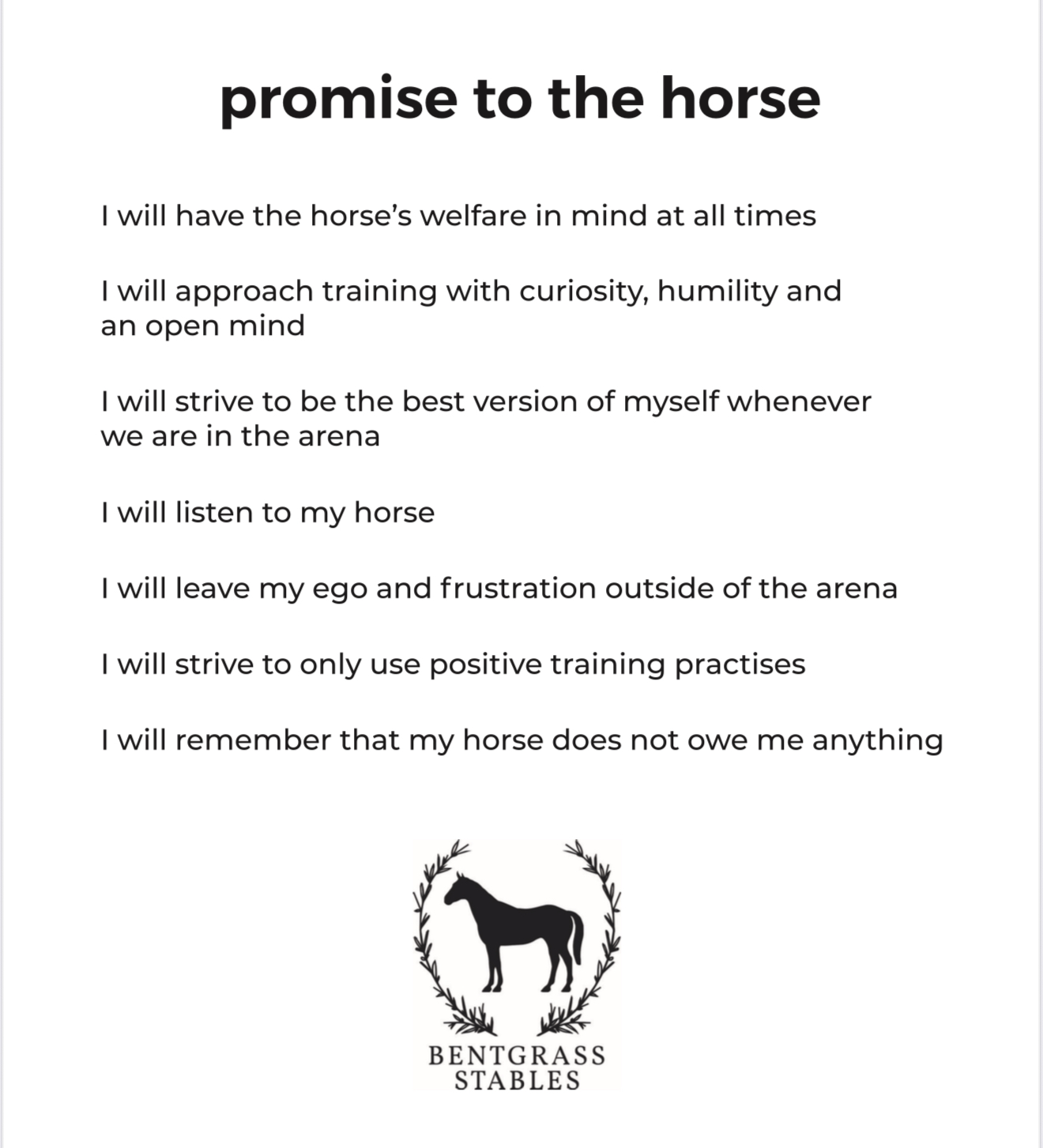 Bentgrass Stables Promise to the Horse - our commitment to horse welfare, positive training, and respectful care