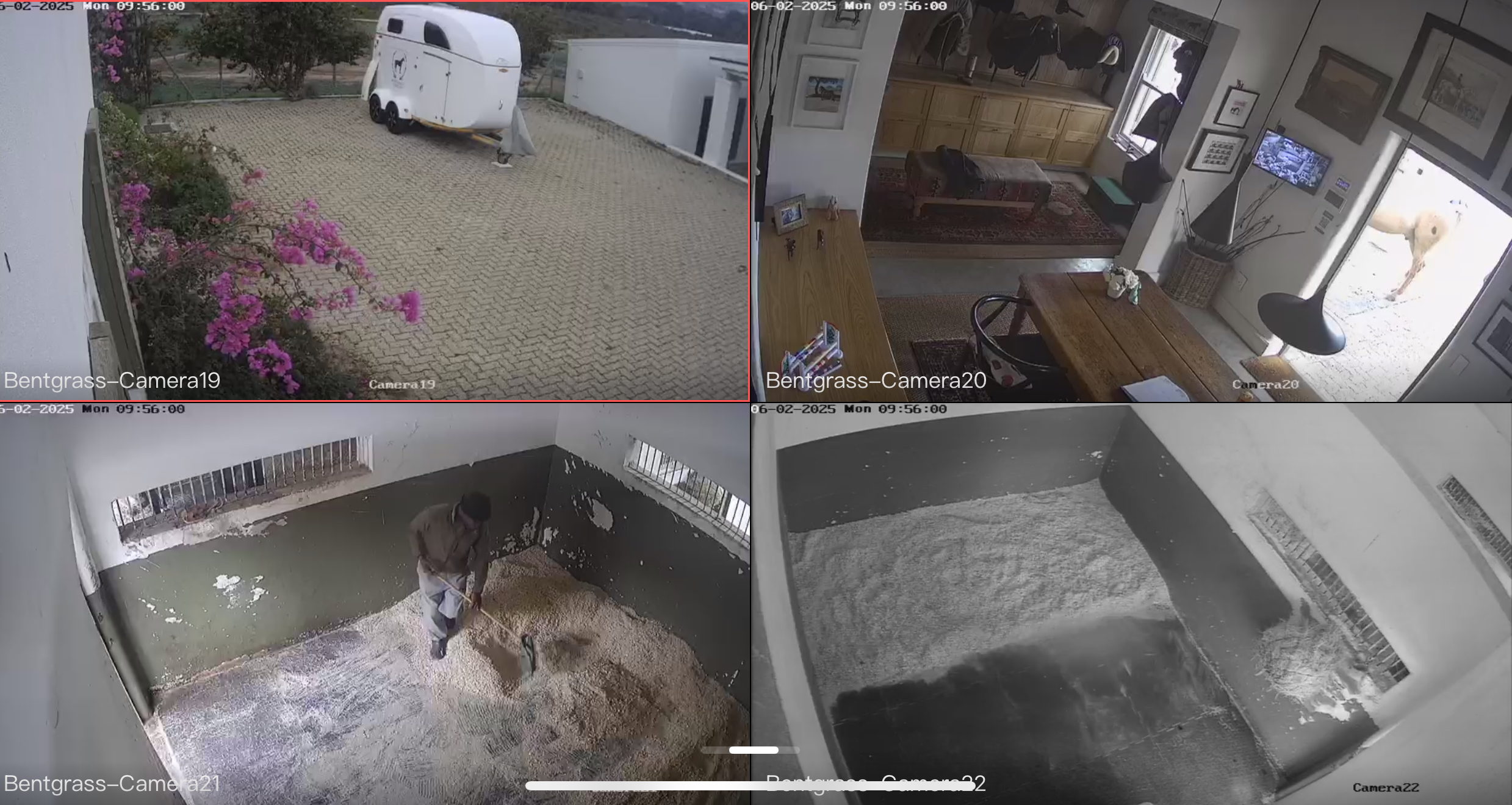 Live CCTV surveillance feeds showing horsebox parking, tea room, and horse stalls with comprehensive 24/7 monitoring